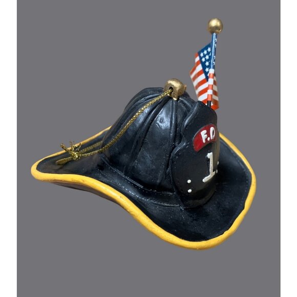 Firefighter Helmet Ornament With American Flag FD 1 Design Black & Yellow Resin - Picture 6 of 11